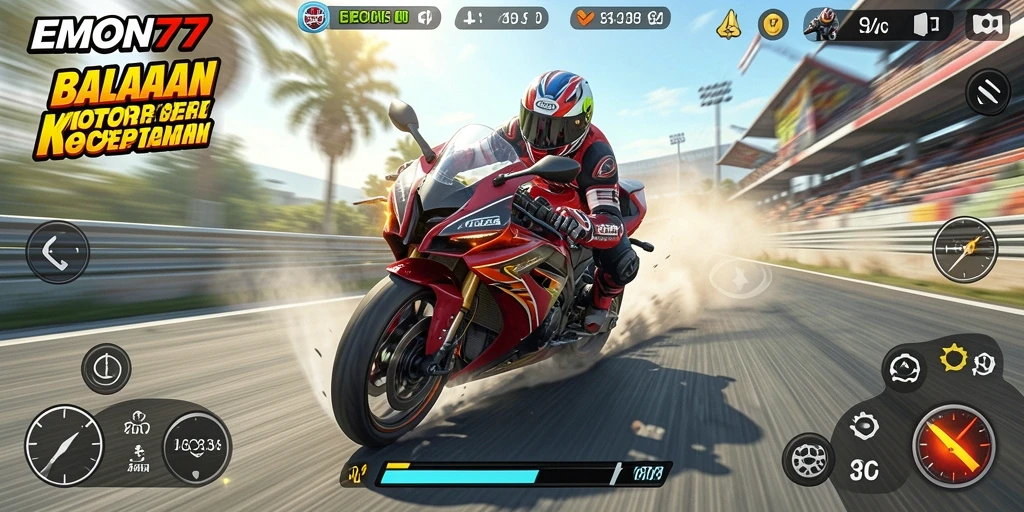 Tampilan menakjubkan dari gameplay balapan motor di EMON77.