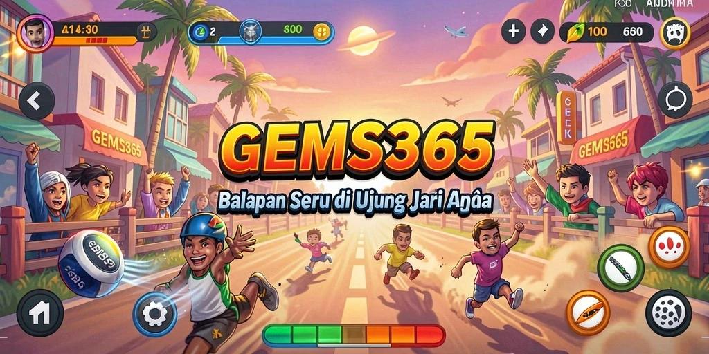 Screenshot utama GEMS365 yang menampilkan aksi balapan yang mendebarkan.