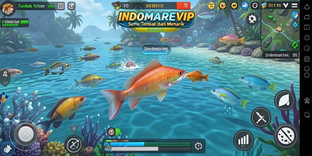 Tampilan gameplay <strong>INDOMAREVIP</strong> dengan aksi tembak ikan yang mendebarkan.