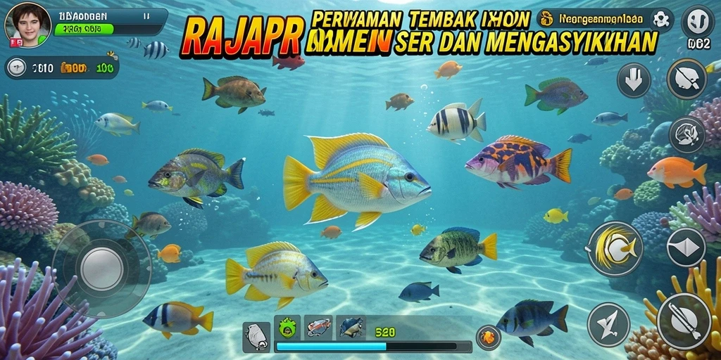 Screenshot RAJAPANEN menampilkan pemain menembak ikan di bawah laut yang indah.