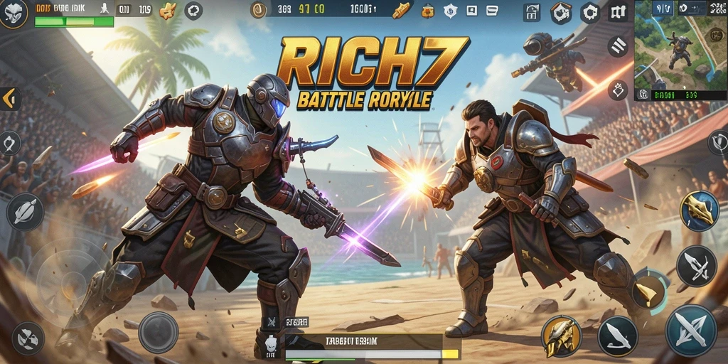 Screenshot gameplay RICH7 menampilkan aksi bertarung yang mendebarkan.