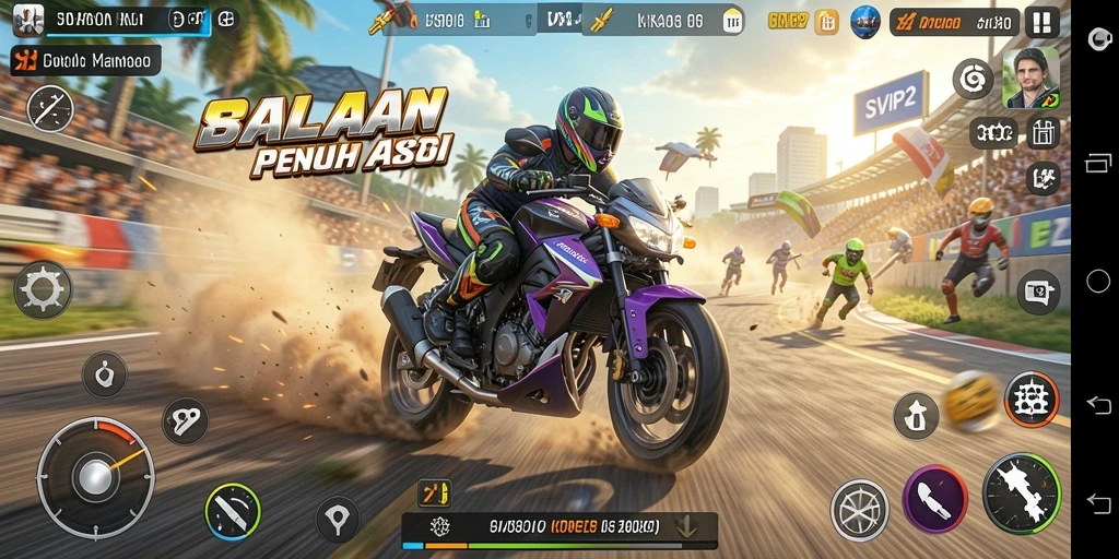 Screenshot gameplay SVIP2 menampilkan balapan motor yang mendebarkan.
